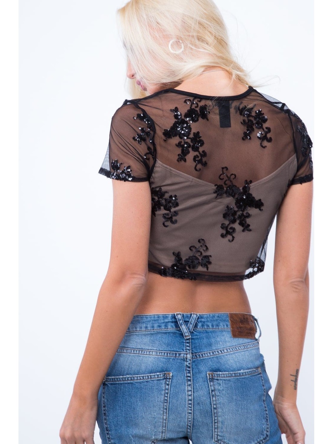 Top transparent cu paiete, negru si bej ZZ242 - Magazin online - Boutique